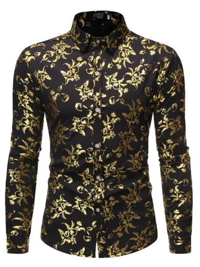 Mens Gold Rose Floral Print Shirts Brand Floral Steampunk Chemise White Long Sleeve Wedding Party Bronzing Camisa Masculina - Image 6