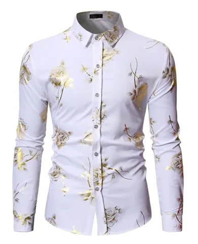 Mens Gold Rose Floral Print Shirts Brand Floral Steampunk Chemise White Long Sleeve Wedding Party Bronzing Camisa Masculina - Image 3