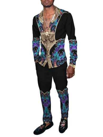 Men Travel Casual Retro Ethnic Floral Totem 3D Print Tracksuit Male Long Sleeves Lapel Button Cardigan Shirt Pants 2 Piece Sets - Image 4