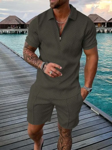 Summer Fashion Men 3D Printed Solid Color Polo Shirt + Shorts 2pcs Sets Zipper Tracksuit Set Oversized T-shirt Suits Clothing - Image 5