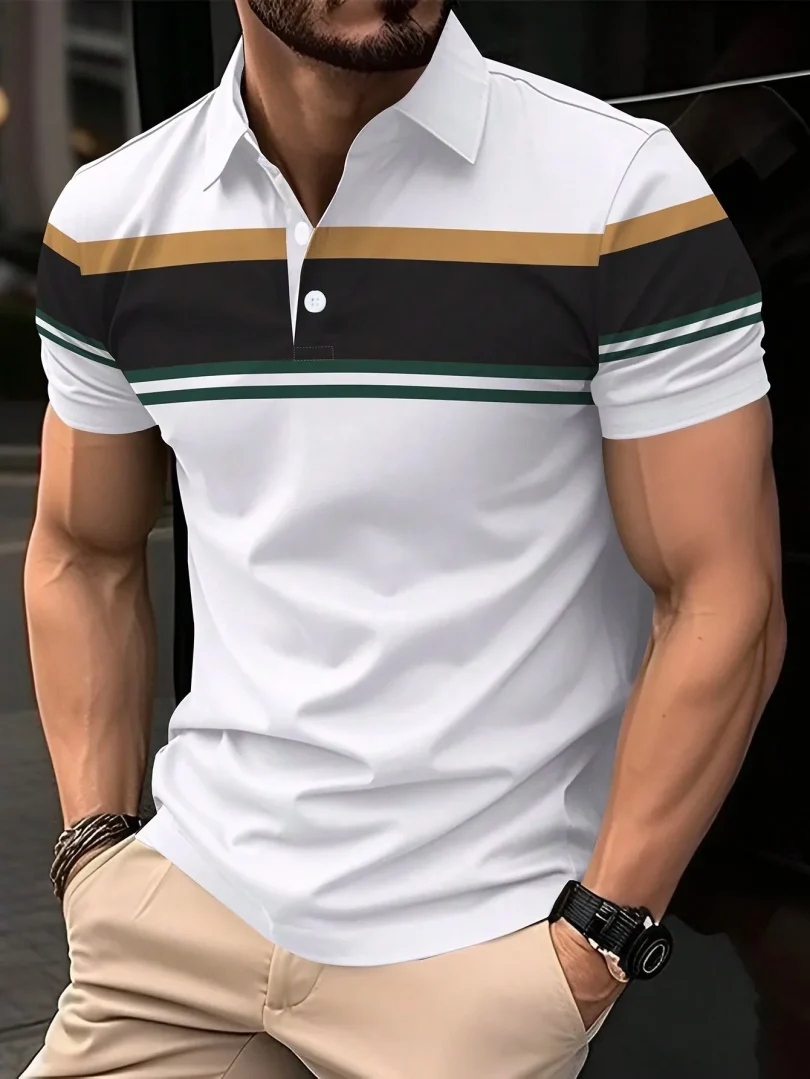 Summer Men's Polo Shirt Button Collar Short Sleeve Pullover Casual Sports Solid Color Striped Lapel Trend Men's T Shirt Tops