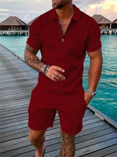 Summer Fashion Men 3D Printed Solid Color Polo Shirt + Shorts 2pcs Sets Zipper Tracksuit Set Oversized T-shirt Suits Clothing - Image 4