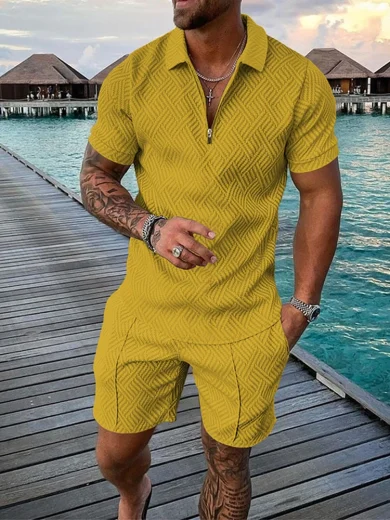 Summer Fashion Men 3D Printed Solid Color Polo Shirt + Shorts 2pcs Sets Zipper Tracksuit Set Oversized T-shirt Suits Clothing - Image 2