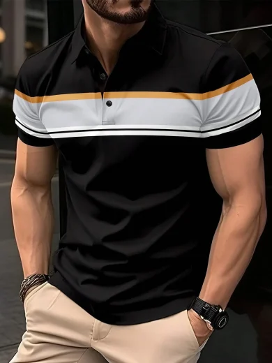 Summer Men's Polo Shirt Button Collar Short Sleeve Pullover Casual Sports Solid Color Striped Lapel Trend Men's T Shirt Tops - Image 3