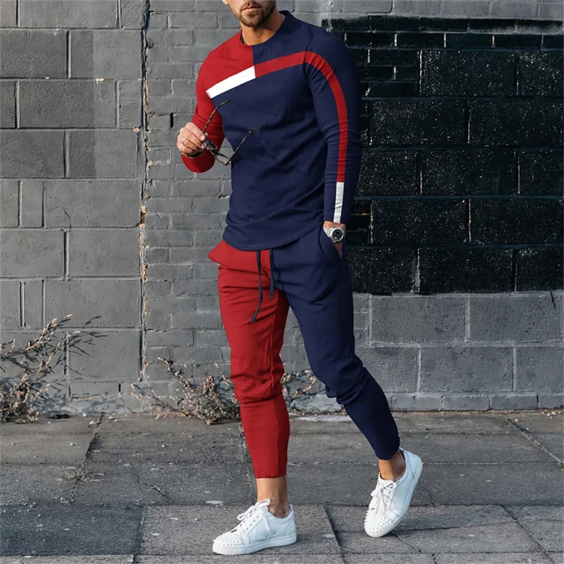 Jogging Sweatshirt Sets For Men Color Contrast Stitching 3D Printing Fashion Casual Spring Fall Crew Neck Sweatshirt And Pants