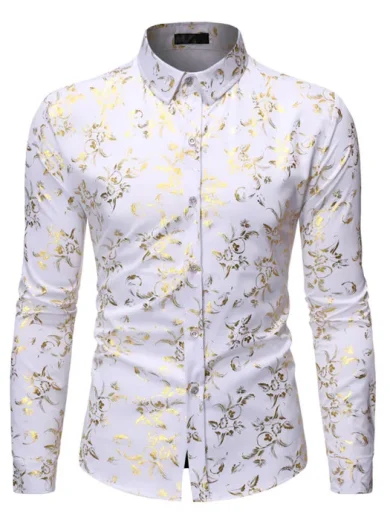 Mens Gold Rose Floral Print Shirts Brand Floral Steampunk Chemise White Long Sleeve Wedding Party Bronzing Camisa Masculina - Image 5