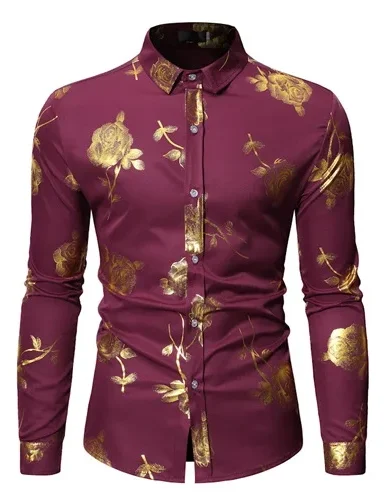 Mens Gold Rose Floral Print Shirts Brand Floral Steampunk Chemise White Long Sleeve Wedding Party Bronzing Camisa Masculina - Image 2