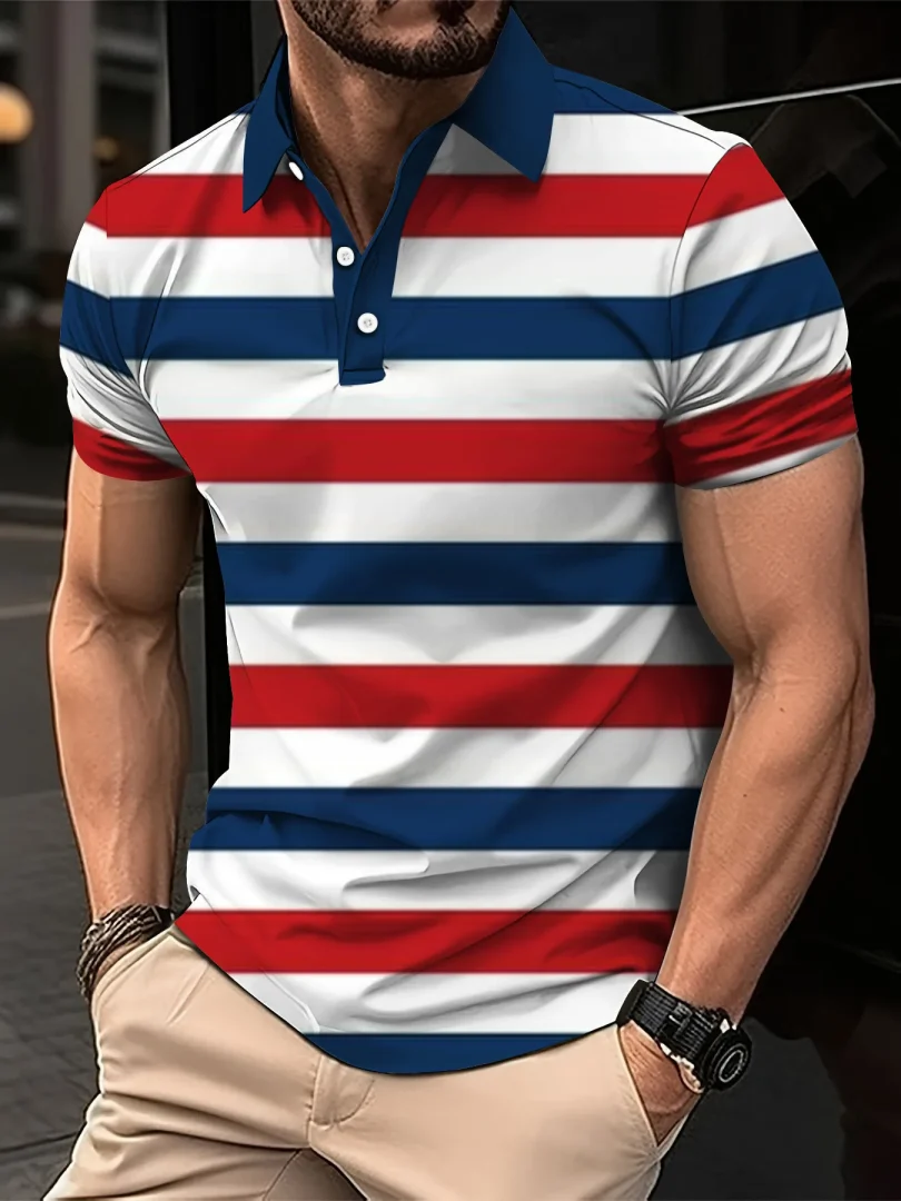 Men's Summer Short Clothes Sleeved Lapel 3D Digital Printed Striped Polo Shirt Man's Business Casual Top Clothes Oversized